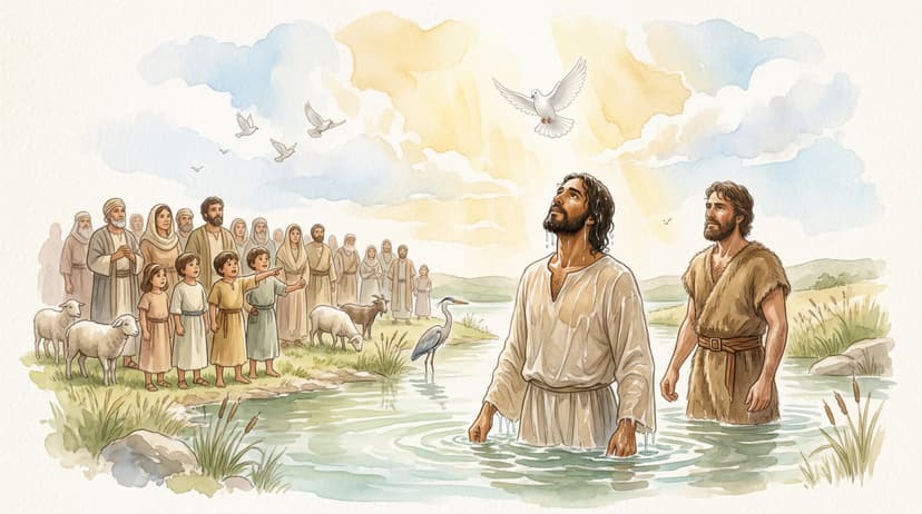 Jesus standing in the Jordan River as the heavens open above him and a dove descends