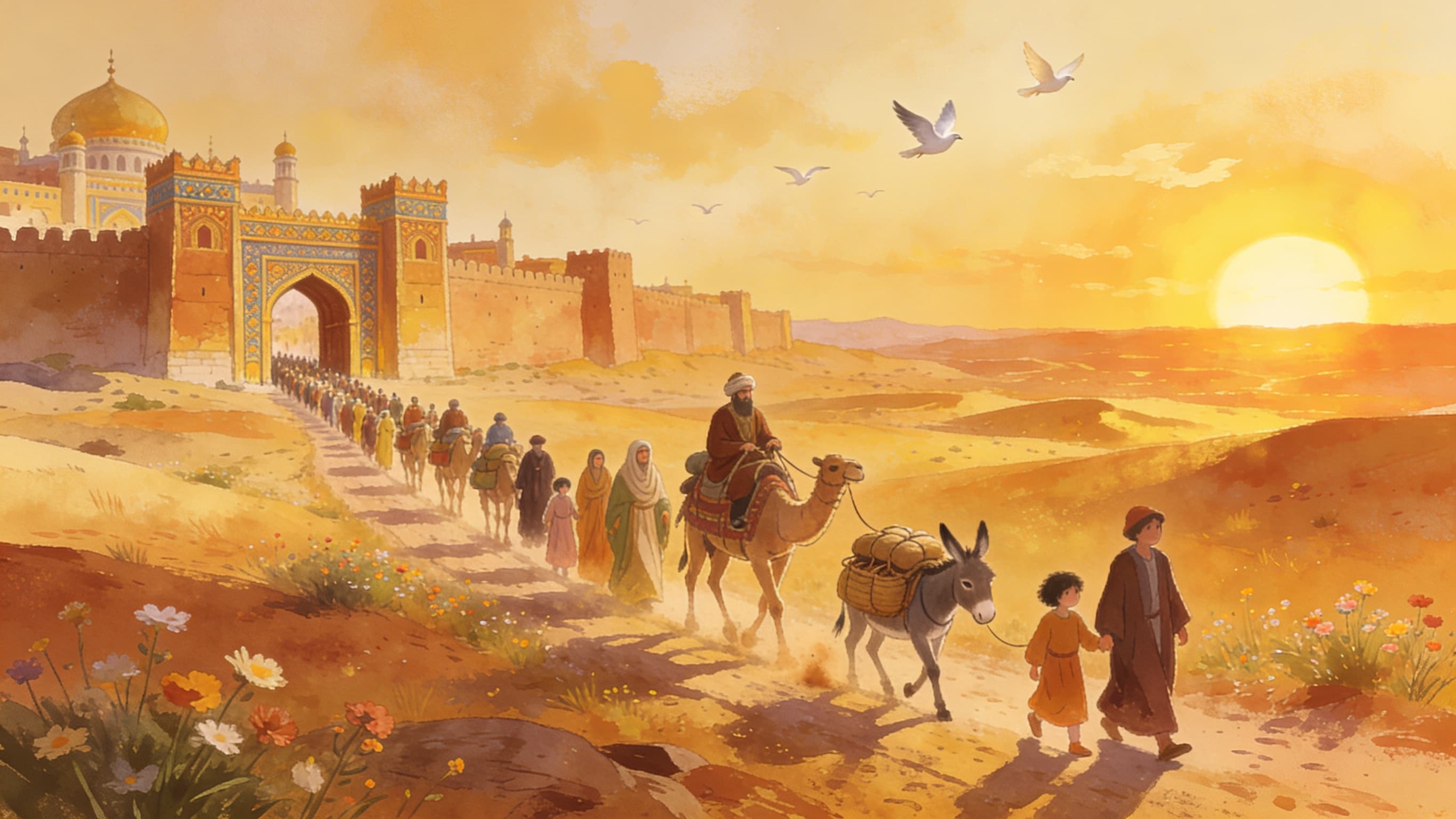 A caravan of families departing a Persian city into the golden desert