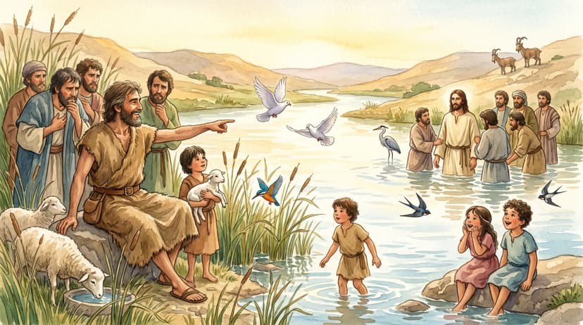 John the Baptist pointing toward Jesus across a river, his own disciples watching, golden light over the water