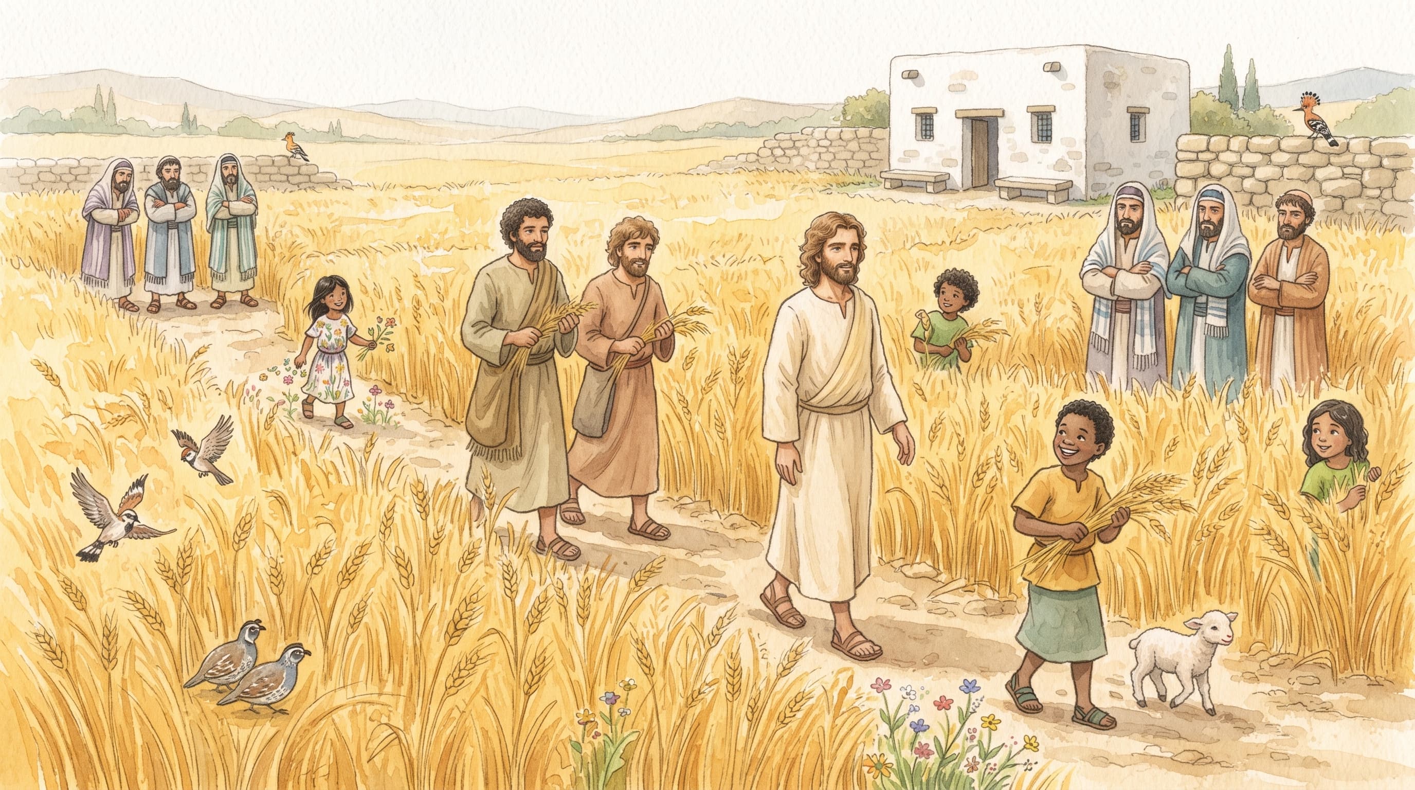 Jesus and his disciples walking through a golden grain field on the Sabbath, plucking heads of wheat, a group of Pharisees watching sternly from the field's edge