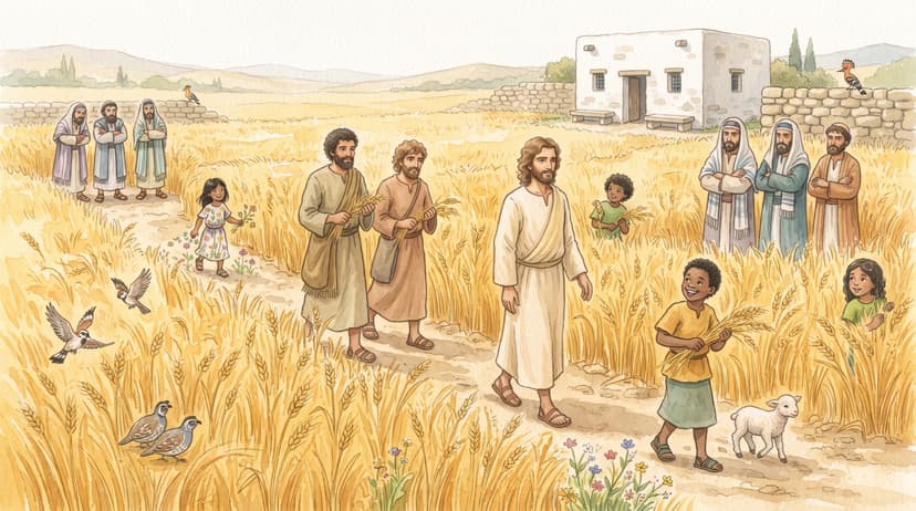 Jesus and his disciples walking through a golden grain field on the Sabbath, Pharisees watching sternly from the field’s edge
