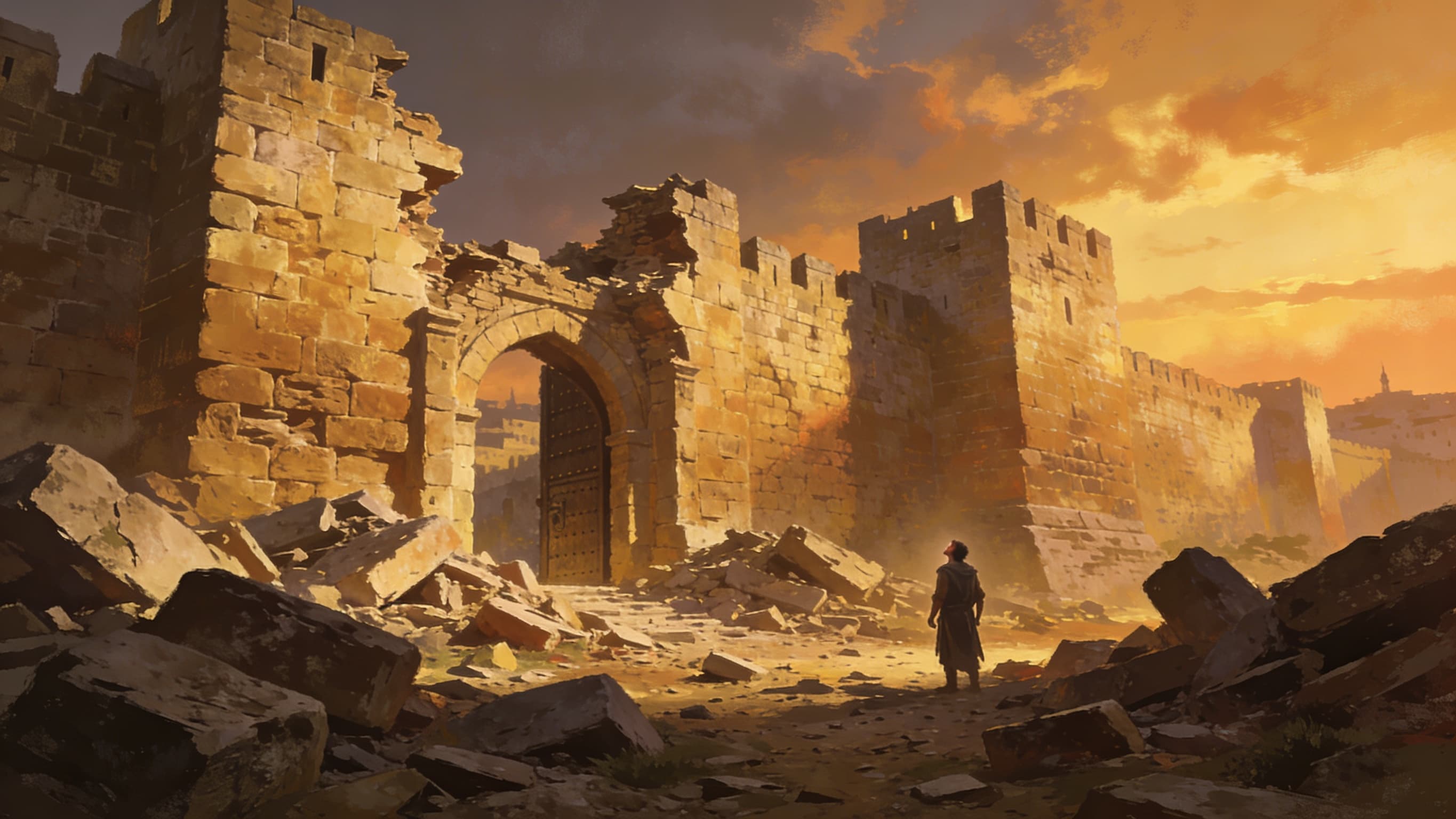 Ancient Jerusalem walls in ruins at dusk with a lone figure standing among the rubble