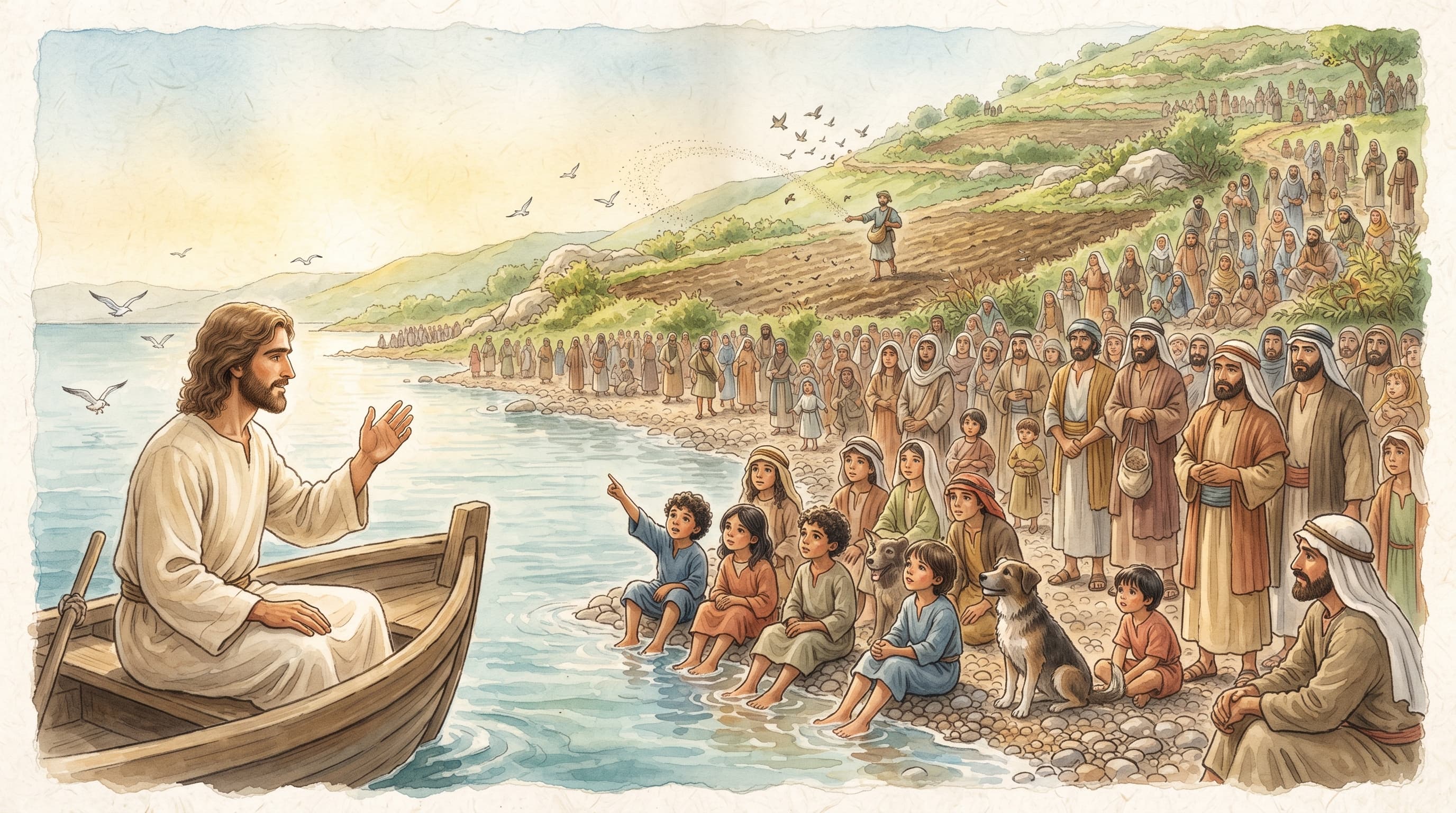 Jesus seated in a fishing boat just off the shore of the Sea of Galilee, teaching a crowd gathered on the beach and hillside, a farmer scattering seed across a field on the slope behind them