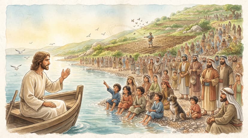 Jesus seated in a fishing boat just off the shore of the Sea of Galilee, teaching a crowd gathered on the beach and hillside, a farmer scattering seed across a field on the slope behind them