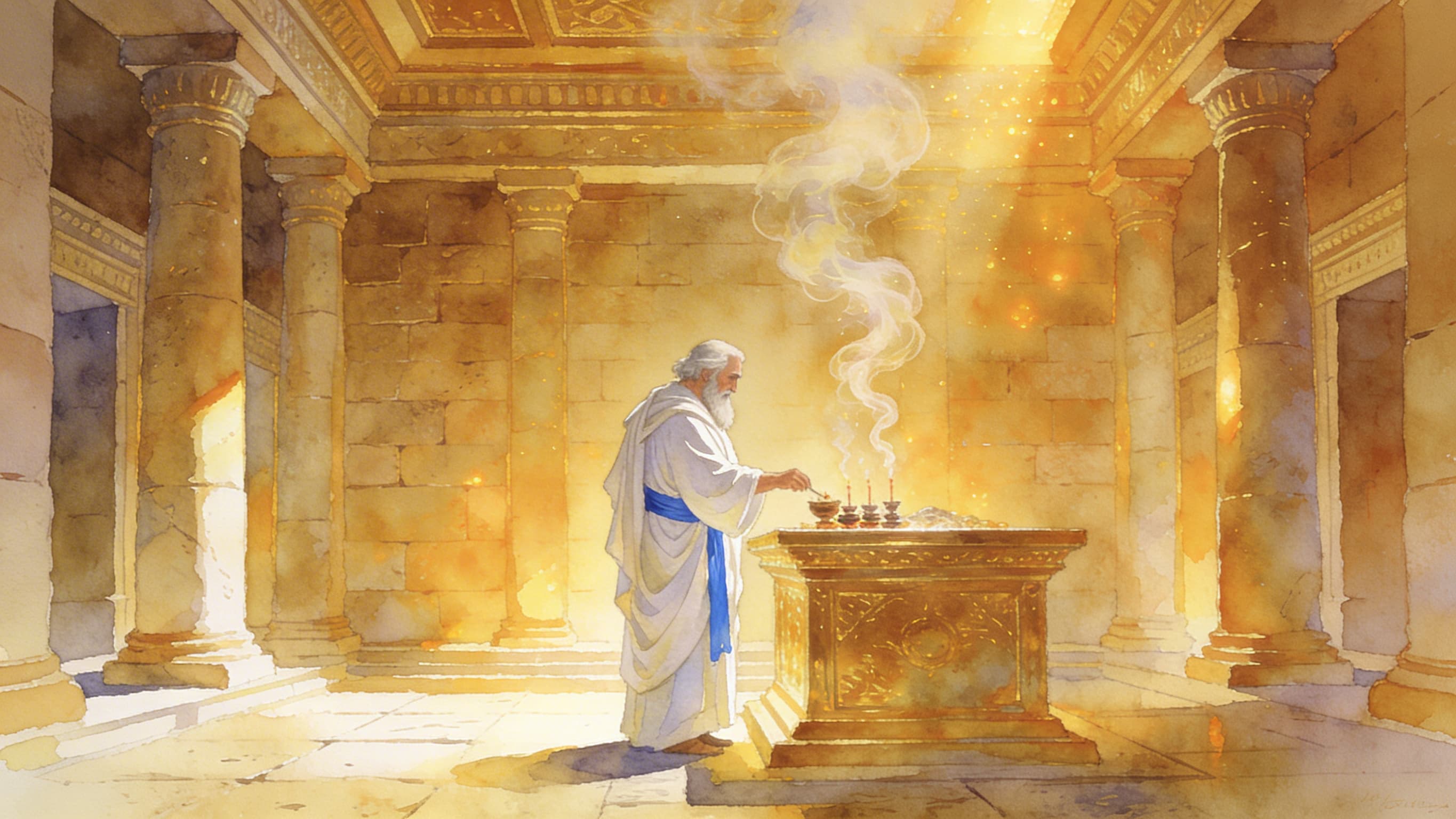 An elderly priest alone in the golden-lit Holy Place of the temple, incense smoke rising toward the ceiling