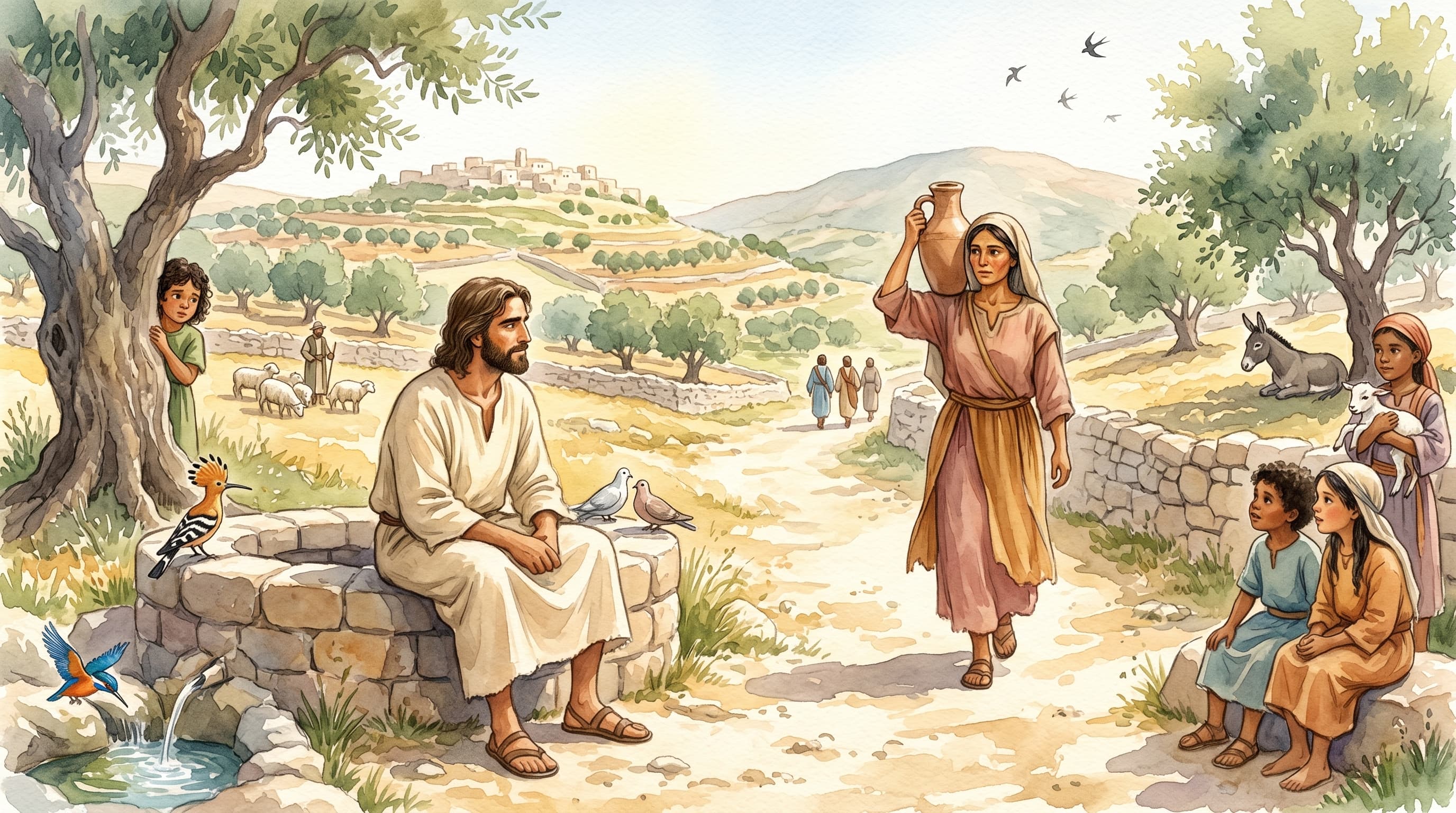 Jesus sitting tired at Jacob’s well at noon, a Samaritan woman with a water jar approaching across the dusty hillside, Mount Gerizim in the distance
