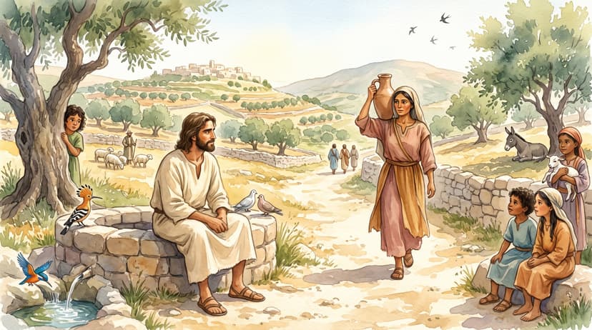 Jesus sitting tired at Jacob’s well at noon, a Samaritan woman approaching with a water jar, Mount Gerizim in the distance