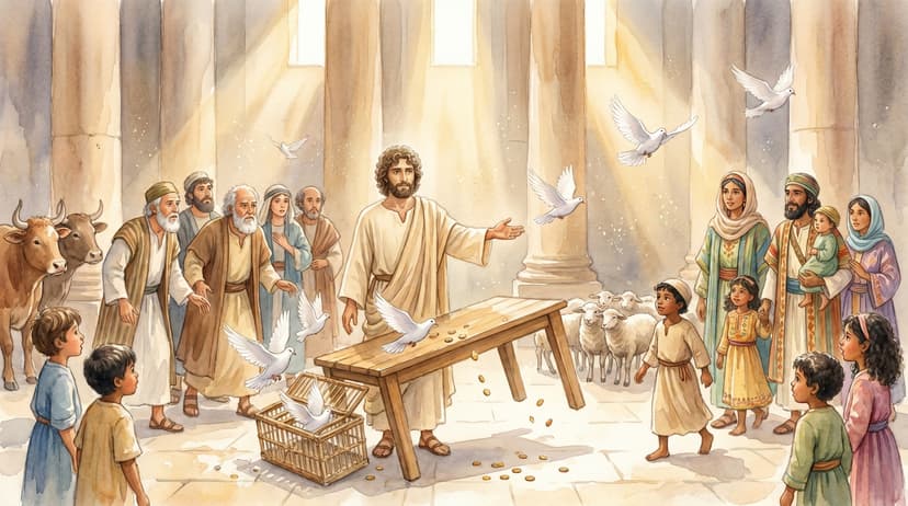 Jesus driving merchants and animals out of the temple courts, tables overturned and coins scattering