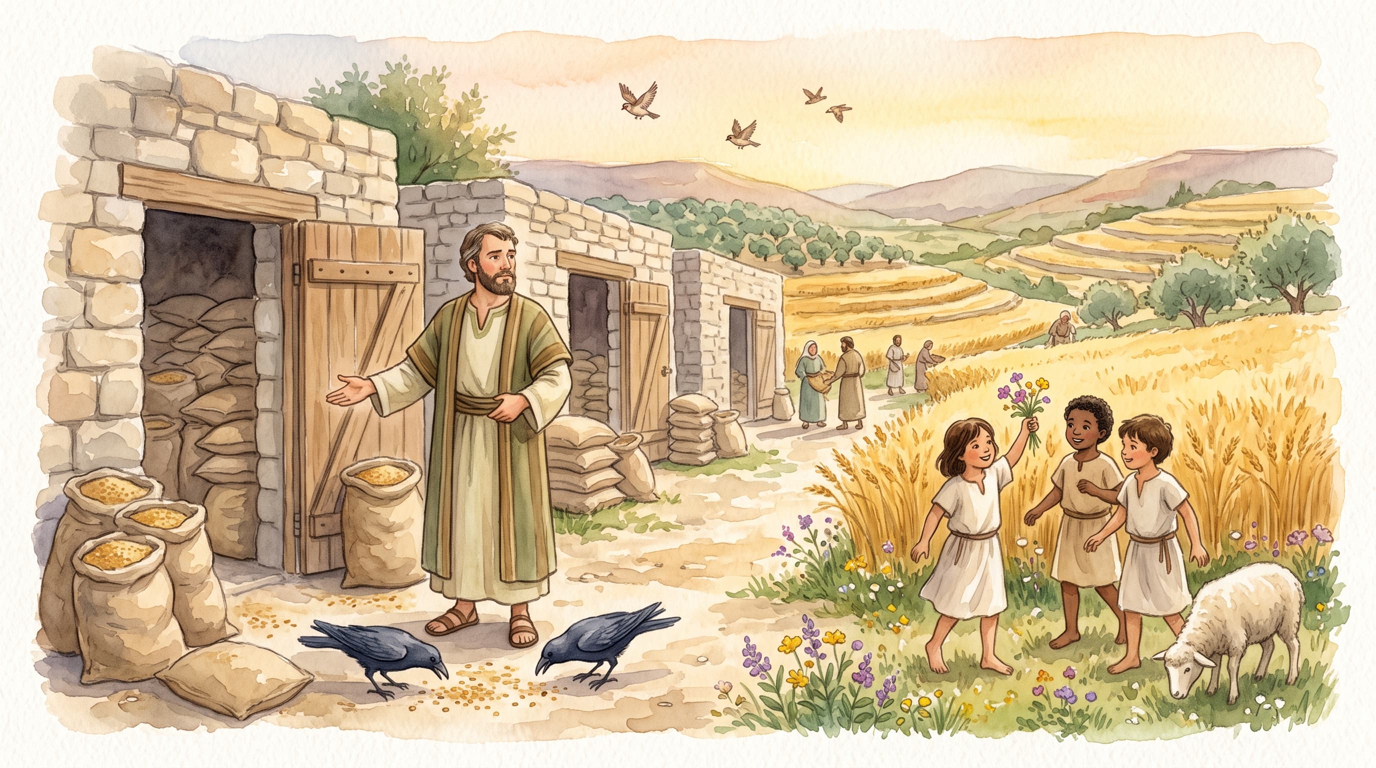 A rich man standing before overflowing grain barns under a golden evening sky, ravens and children nearby, a look of restless dissatisfaction on his face despite his abundance