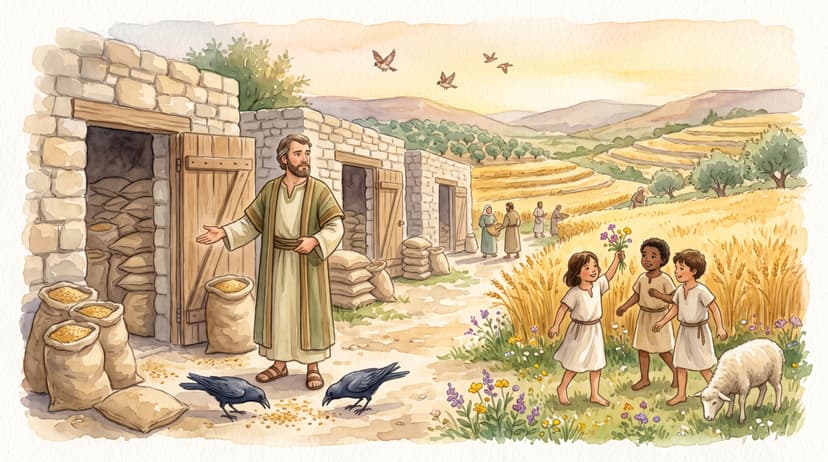 A rich man standing before overflowing grain barns under a golden evening sky, ravens and children nearby, a look of restless dissatisfaction on his face despite his abundance