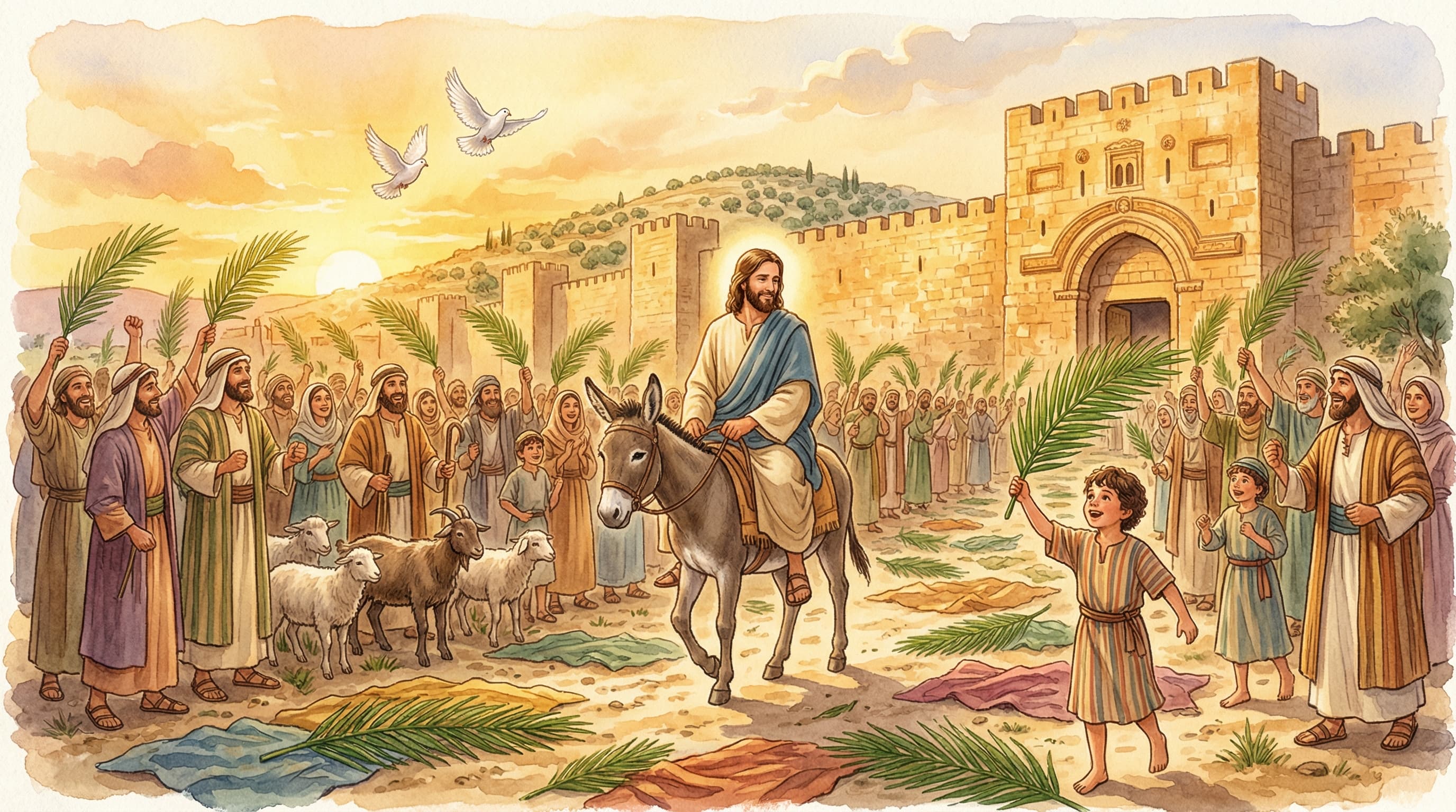 A humble king riding a donkey into a crowded ancient city, people waving palm branches and laying cloaks on the road