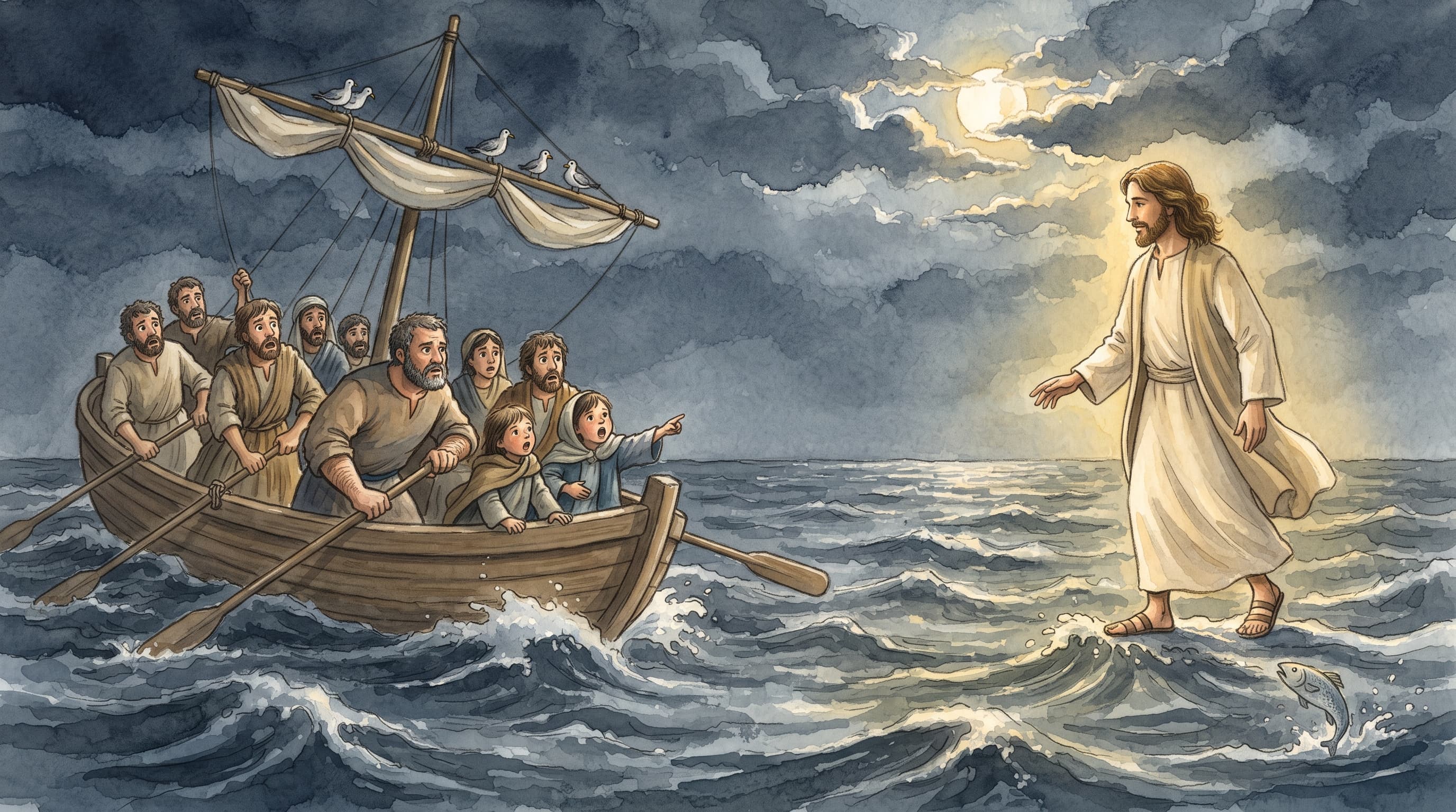 Jesus walking on storm-tossed waves toward a fishing boat in the dark before dawn, the disciples straining at the oars and staring in fear