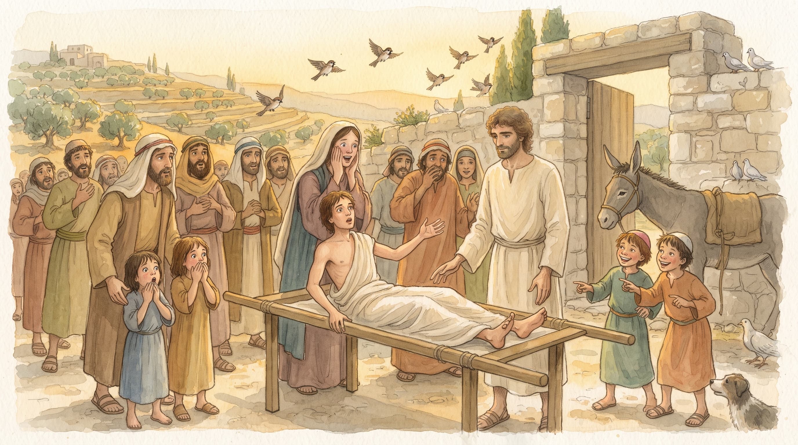 Two processions meeting at the gate of Nain -- a funeral crowd carrying a boy on a bier, and Jesus with his followers approaching from the other direction, warm afternoon light