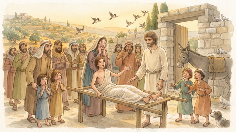 Two processions meeting at the gate of Nain — a funeral crowd carrying a boy on a bier, and Jesus with his followers approaching from the other direction, warm afternoon light